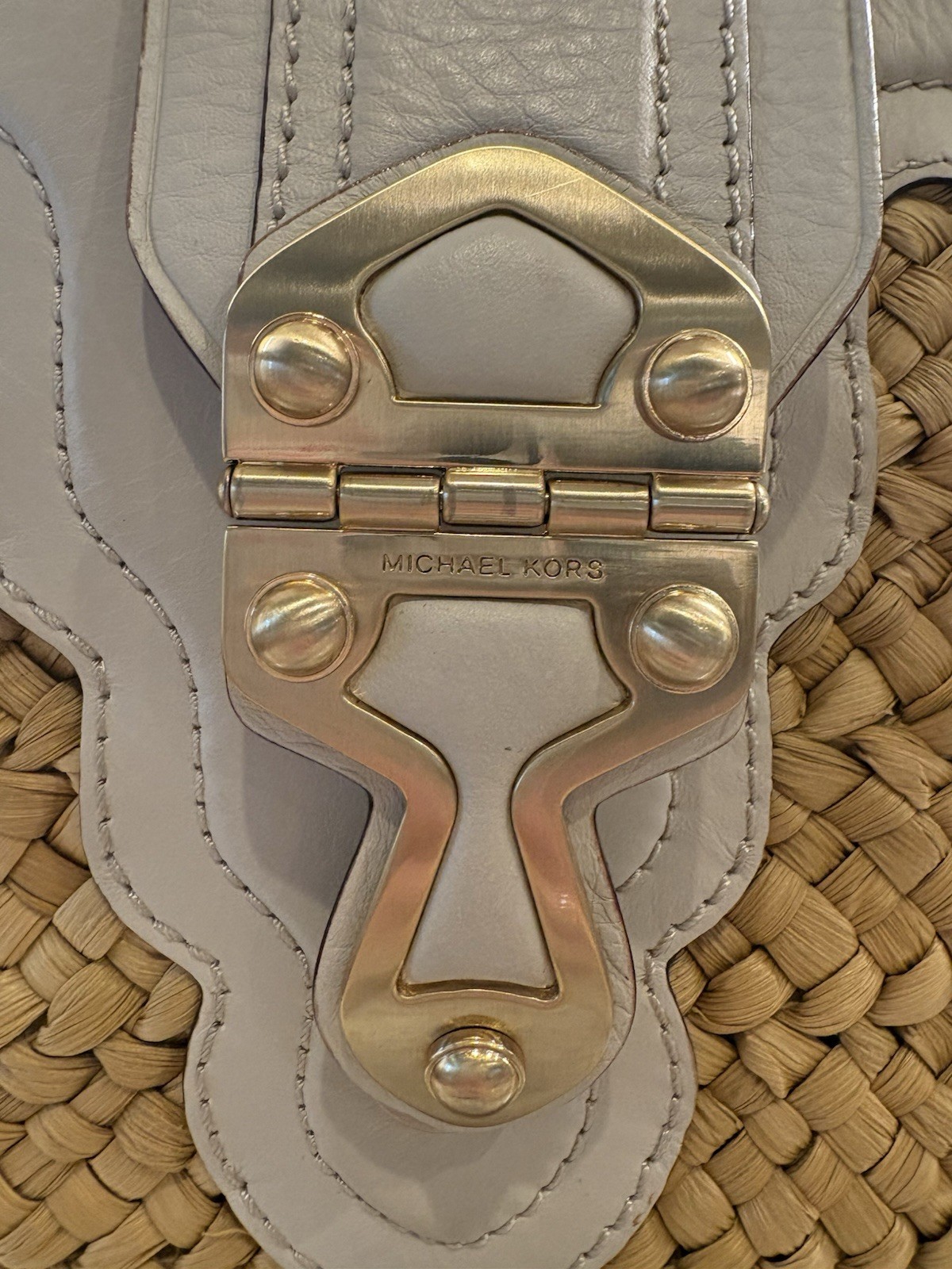 Michael Kors Woven Tote w/ Leather Trim, Gold Hardware, Zip Clasp, Beige Gray