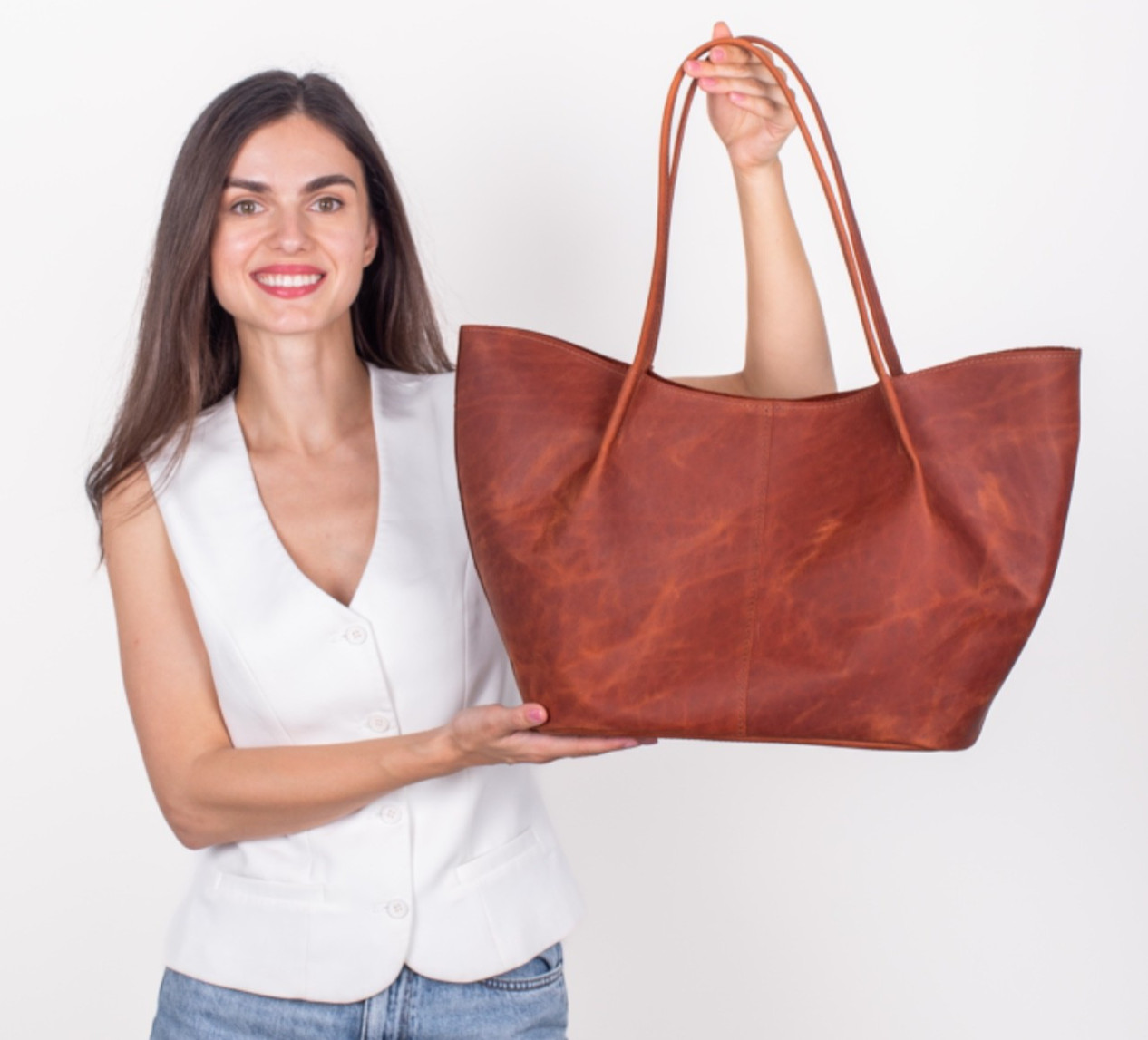 Leather Tote Bag Women Full Grain Leather Cognac Large Shoulder Bag Handmade