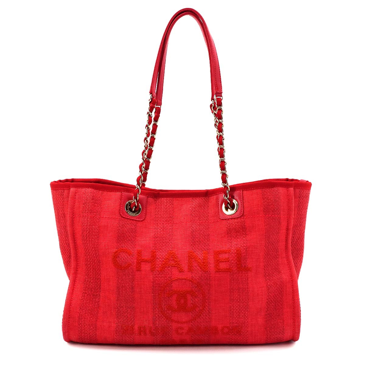 CHANEL Deauville MM Chain Tote Bag Mixed fibers Leather Red A67001 90325490
