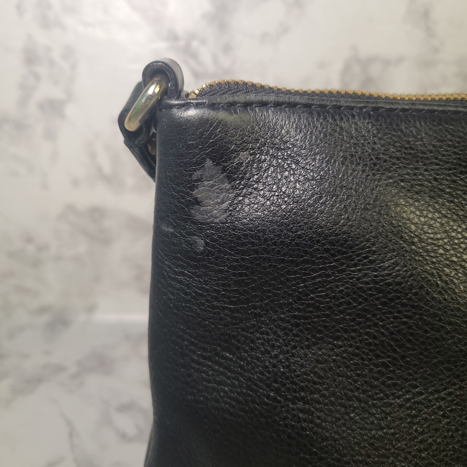 Michael Kors Black Pebbled Leather Crossbody Bag Gold Hardware Front Zip Pocket