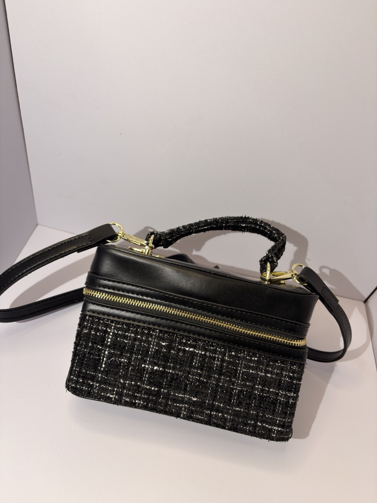 Black Plaid Rectangle Top Handle Crossbody Bag Gold Hardware Zip w/ Det Strap