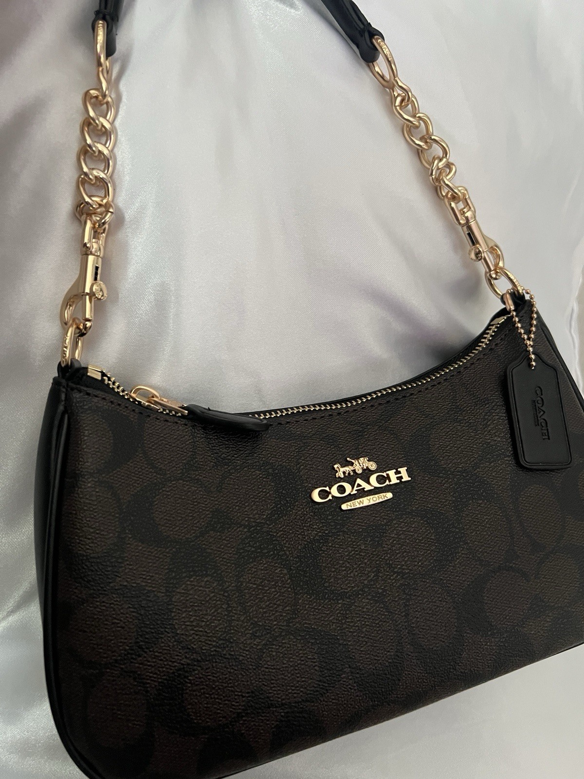 Coach Gold/Walnut/Black Teri Shoulder Bag (In Signature Canvas)