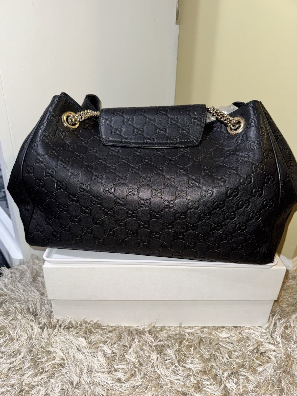 Gucci Guccissima Black Shoulder Bag Chain Strap Tassel Logo Gold Hardware
