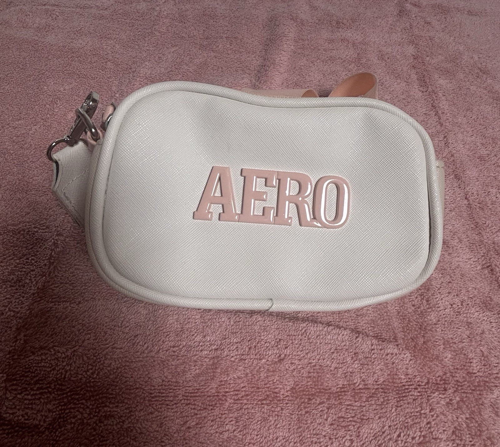 Aero Small White/Pink Logo Crossbody Bag Double Zip Adjustable Detachable Strap