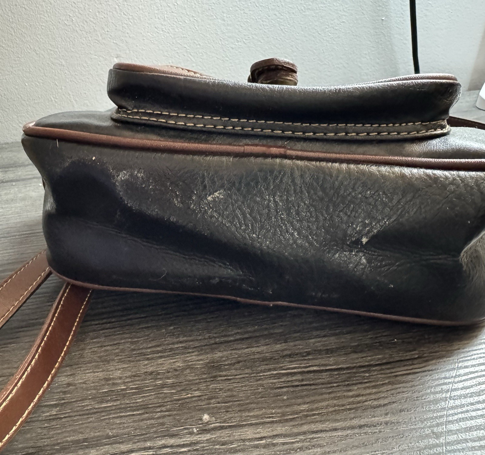 Leather Crossbody Bag Chenson Dark Black with Brown Trim .