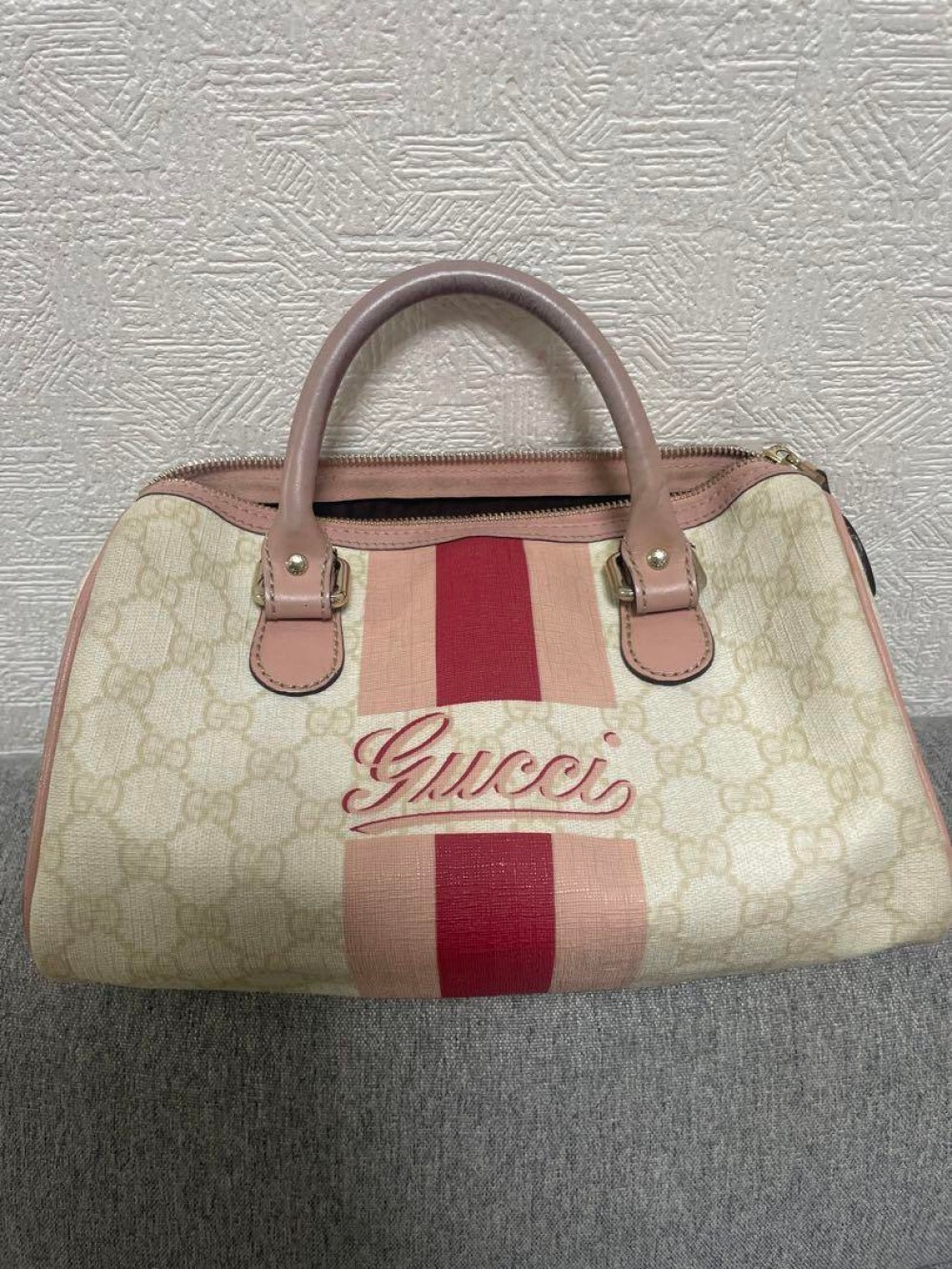 Gucci Joy Line GG Supreme Mini Boston Bag Handbag Beige Pink PVC Leather