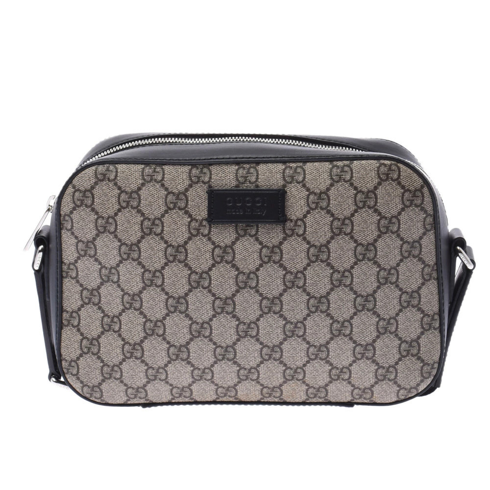 GUCCI GG Supreme Greige Brown Gray Black Canvas Calfskin Shoulder Bag