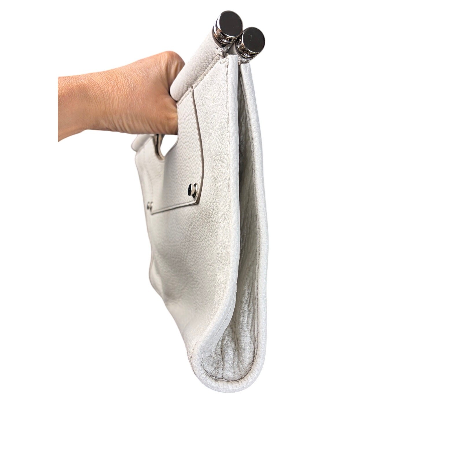 Banana Republic Cream Pebbled Leather Oversized Clutch Silver Handle