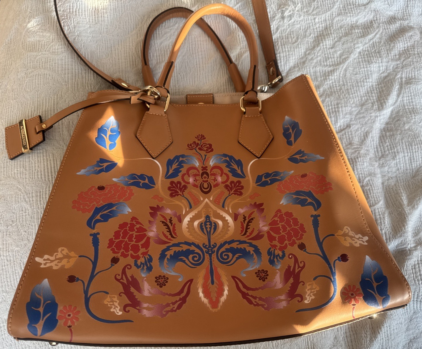 Gently used A .Bellucci Italian Tan Leather Floral Tote Crossbody Shoulder Purse