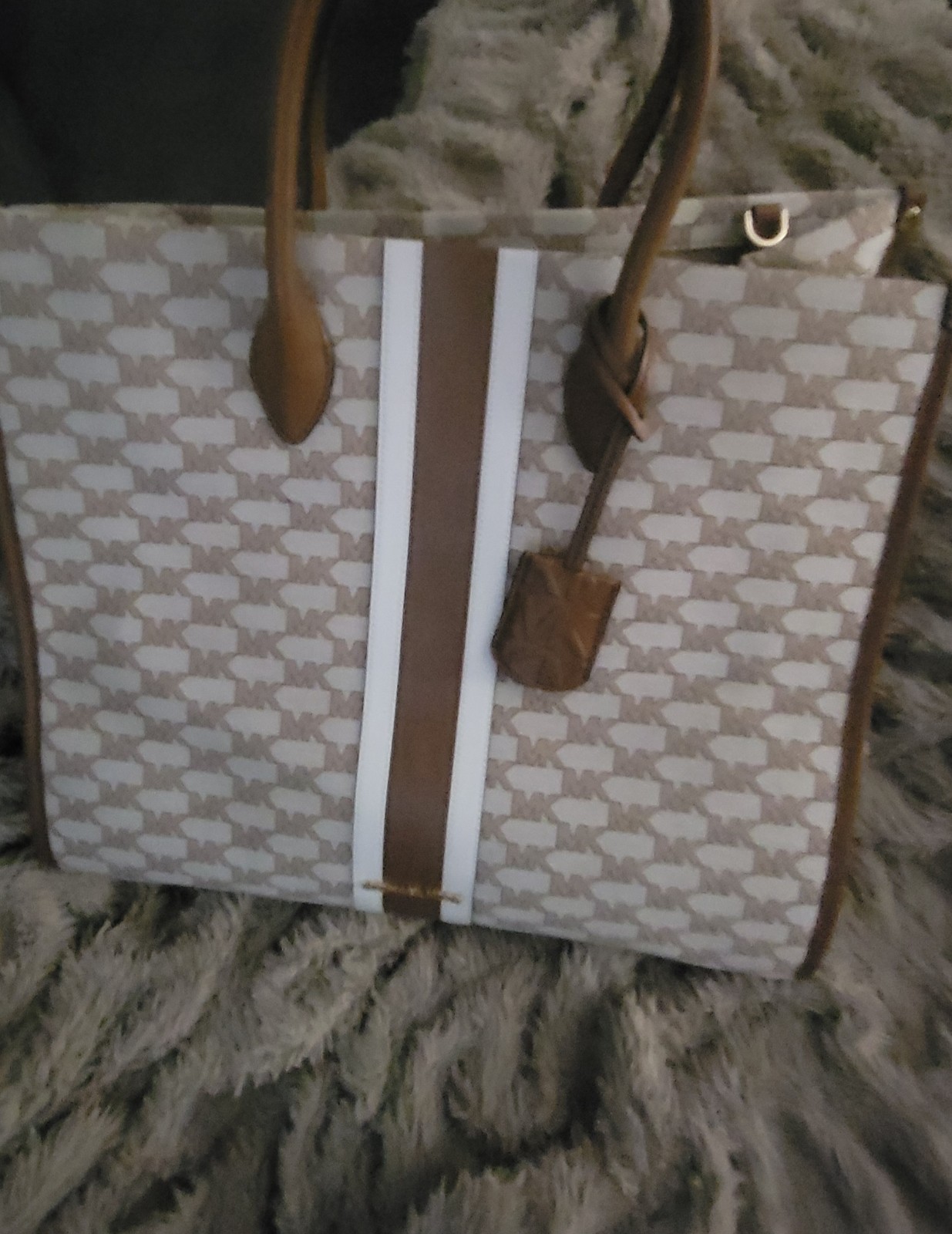 Michael Kors Large Logo Tote Beige Brown White Detachable Strap W/Matching Walle