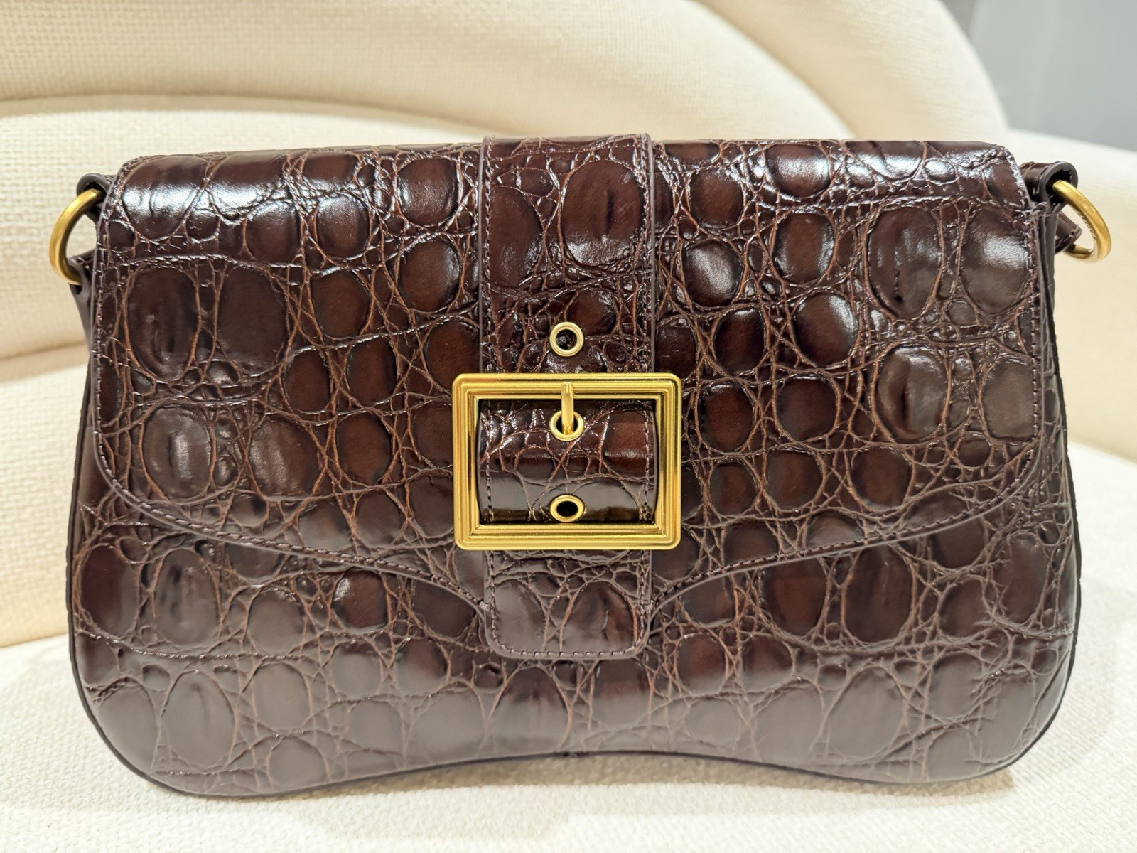 Brahmin Brown Crocodile Embossed Shoulder Bag Gold Hardware Buckle w/ Card