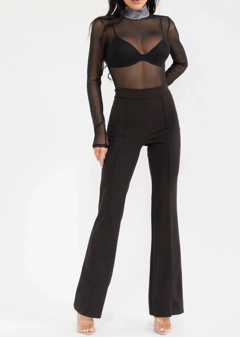 WOMEN’S LONG SLEEVE MOCK NECK RHIMESTONE MESH BODYSUIT & BRALETTE
