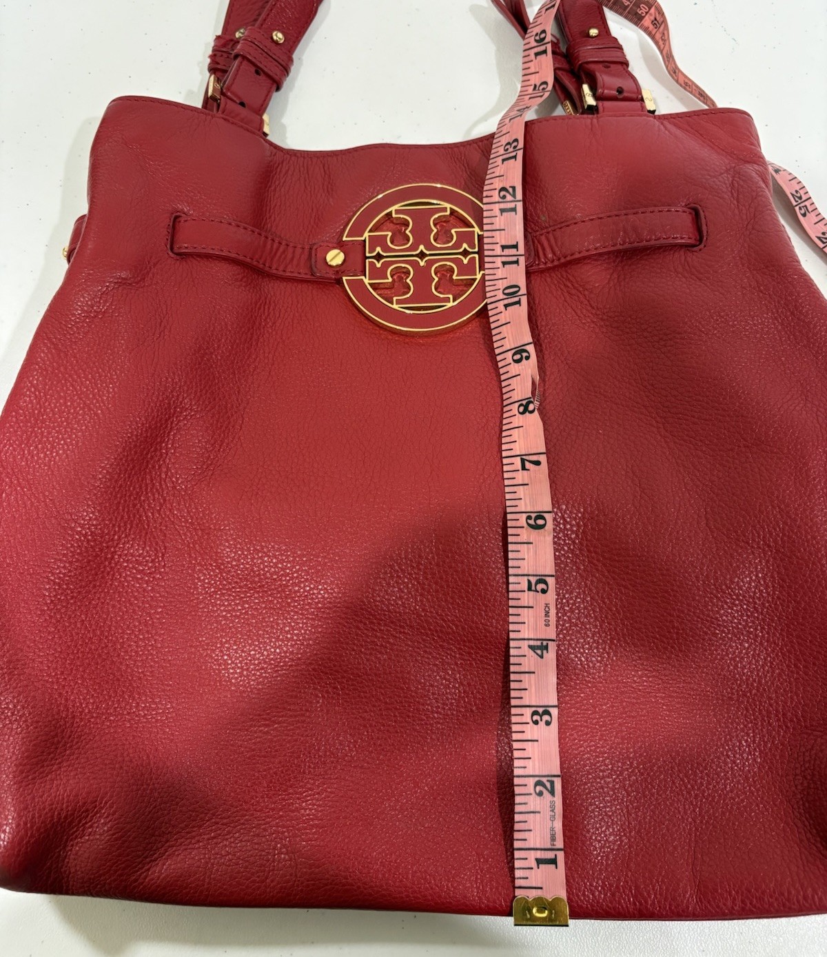Tory Burch Amanda Red Pebbled Leather Shoulder Bag Tote Gold Tone Hardware