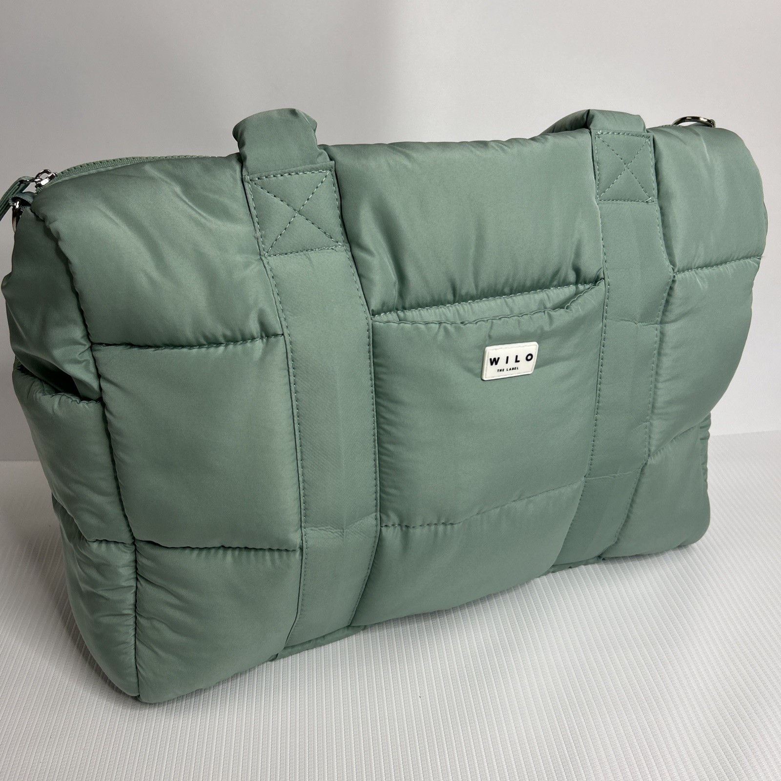 Wilo The Label Puffer Sage Core Weekender Bag with Cross Body Strap Quilted Bog