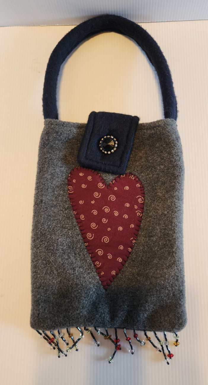 Felt Homemade Handbag with Fabric Lining Beaded Fringe Button Closure