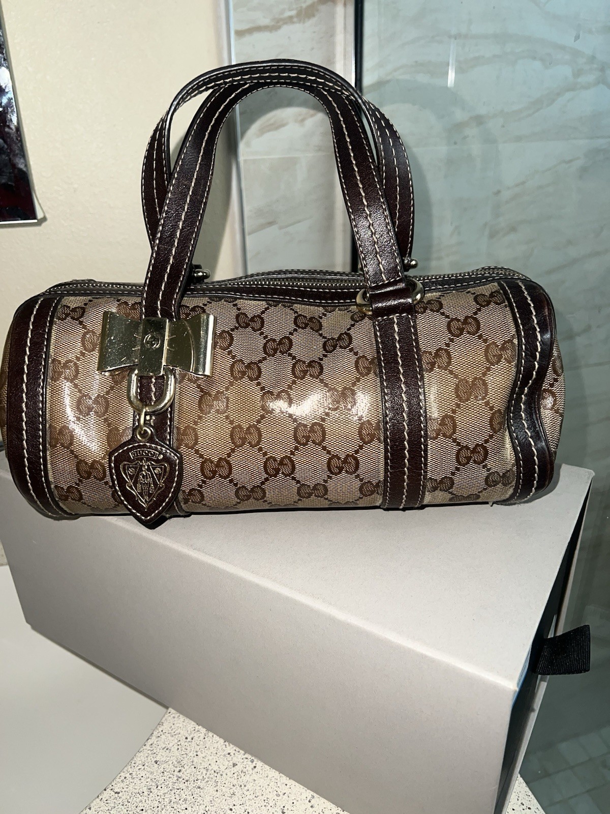 Gucci GG Monogram Small Barrel Satchel Top Handle Zip Brown/Beige Bag Charm