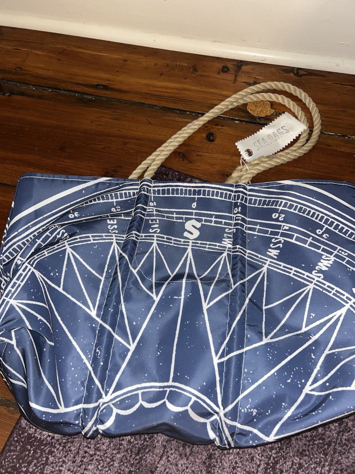 Sea Bags Large Navy Nautical Tote, Rope Double Handles, Lined Open Top