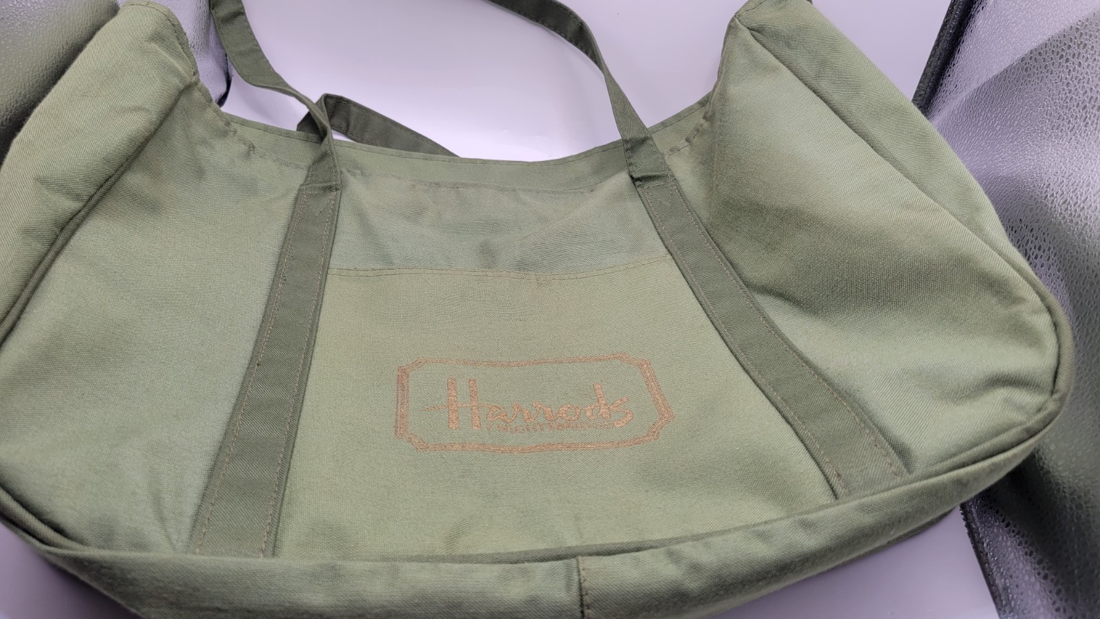 Harrods Large Canvas Tote Bag Olive Green Zip Bag London