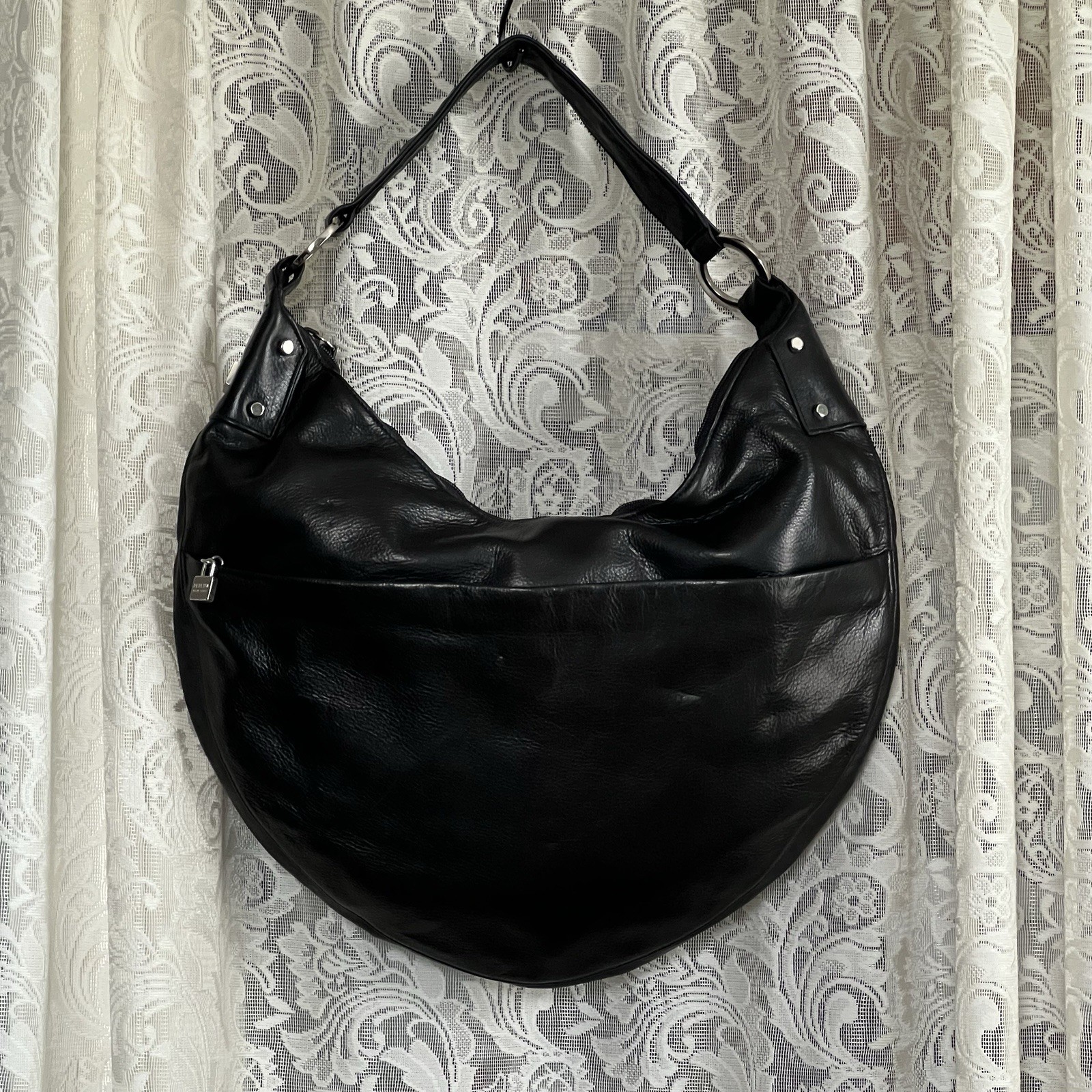 Vintage Perlina Black Leather Crescent Shoulder Bag W/ Brushed Silver Hardware