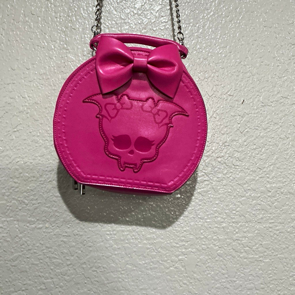 Monster High Pink Small Round Crossbody Bag, Bow Accent, Chain Strap, Zip