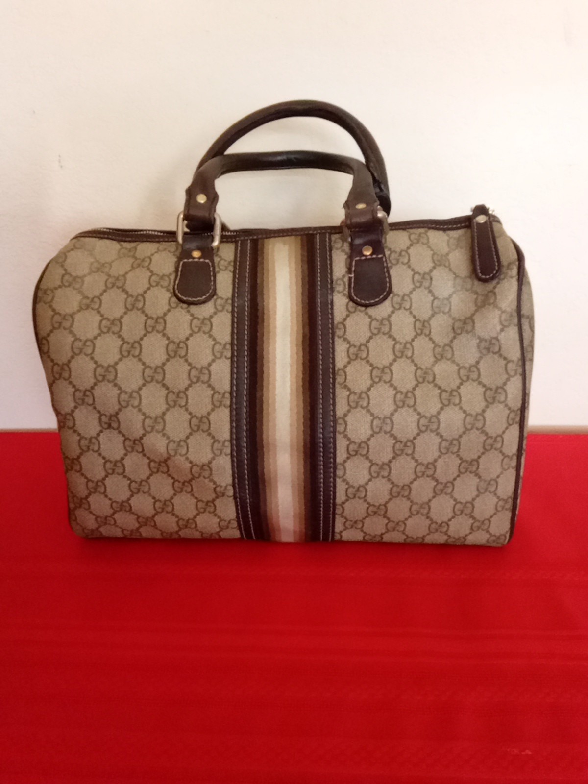 1980’s Gucci GG Supreme Bag Joy Boston Brown Biege Monogram Bag 12 x 9 x 7 in