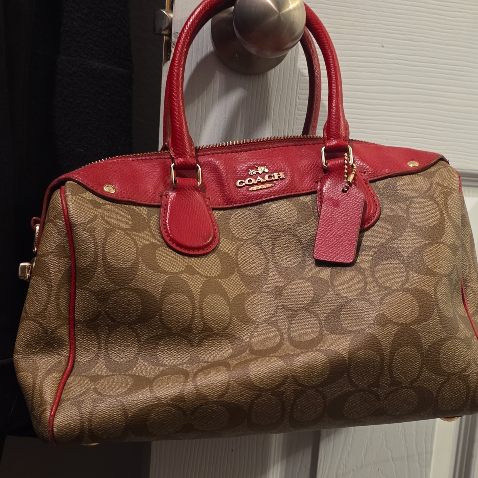 Coach Signature Monogram Satchel Top Handle Brown/Red Zip Gold Hardware Charm