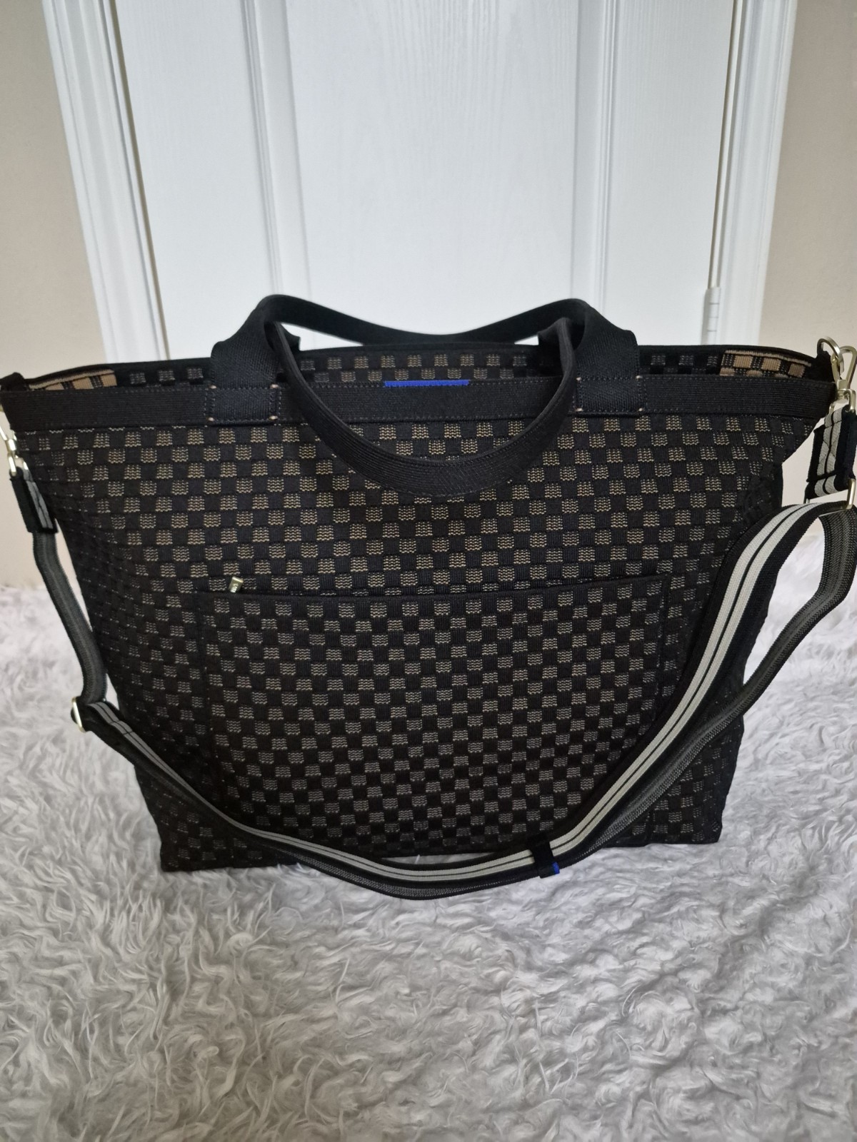 Rothy’s Black & Beige Check Zip Tote, Double Handles, Detachable Strap