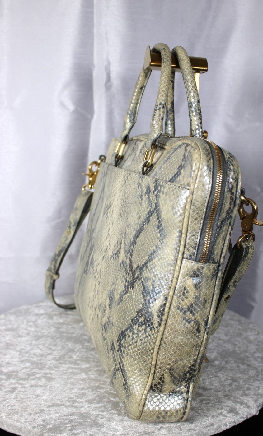 Brahmin Ivory Gray Embossed Leather Laptop Bag Work Tote Briefcase Large