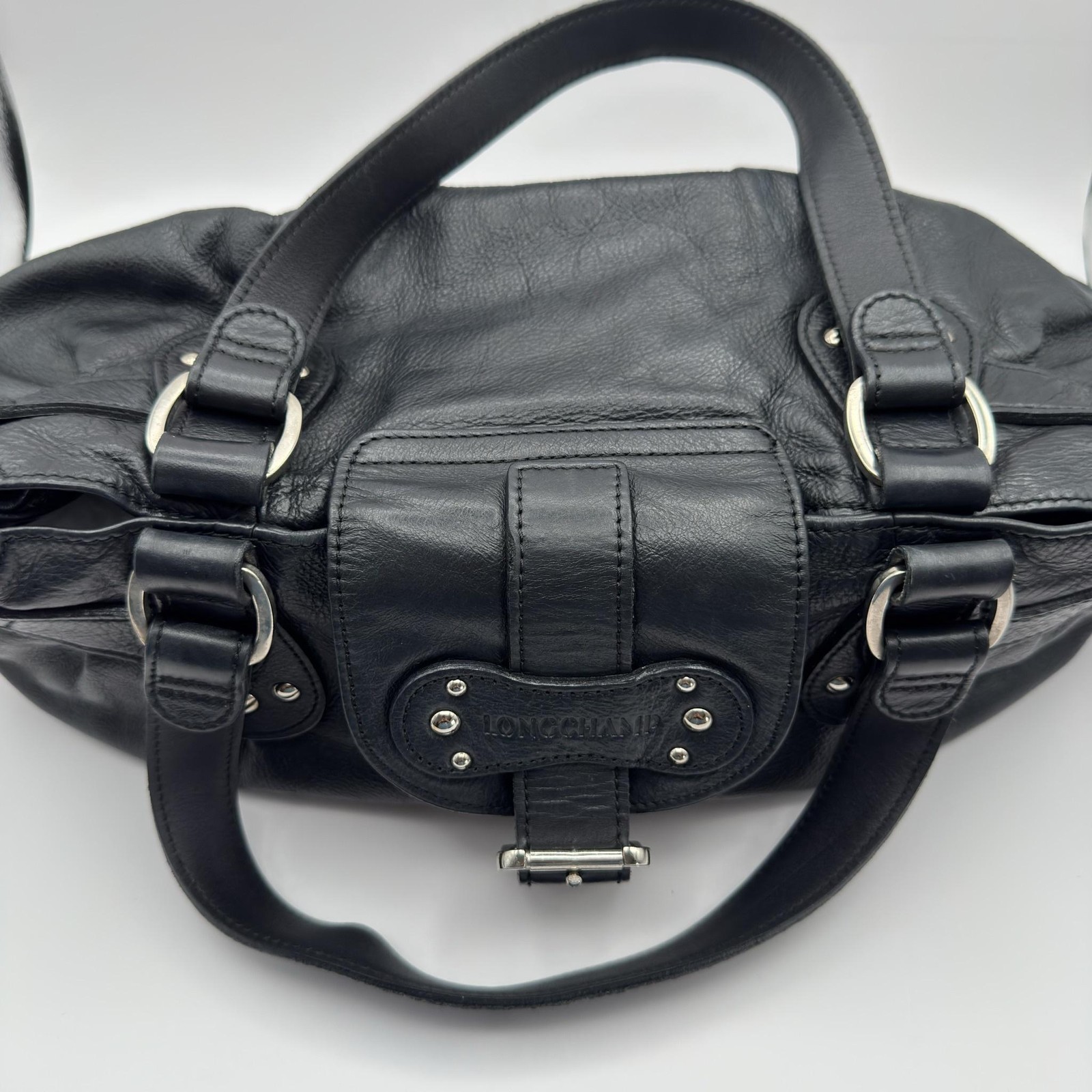 VTG Longchamp Idole Black Grained Leather Satchel Bag Studded Buckle Flap France