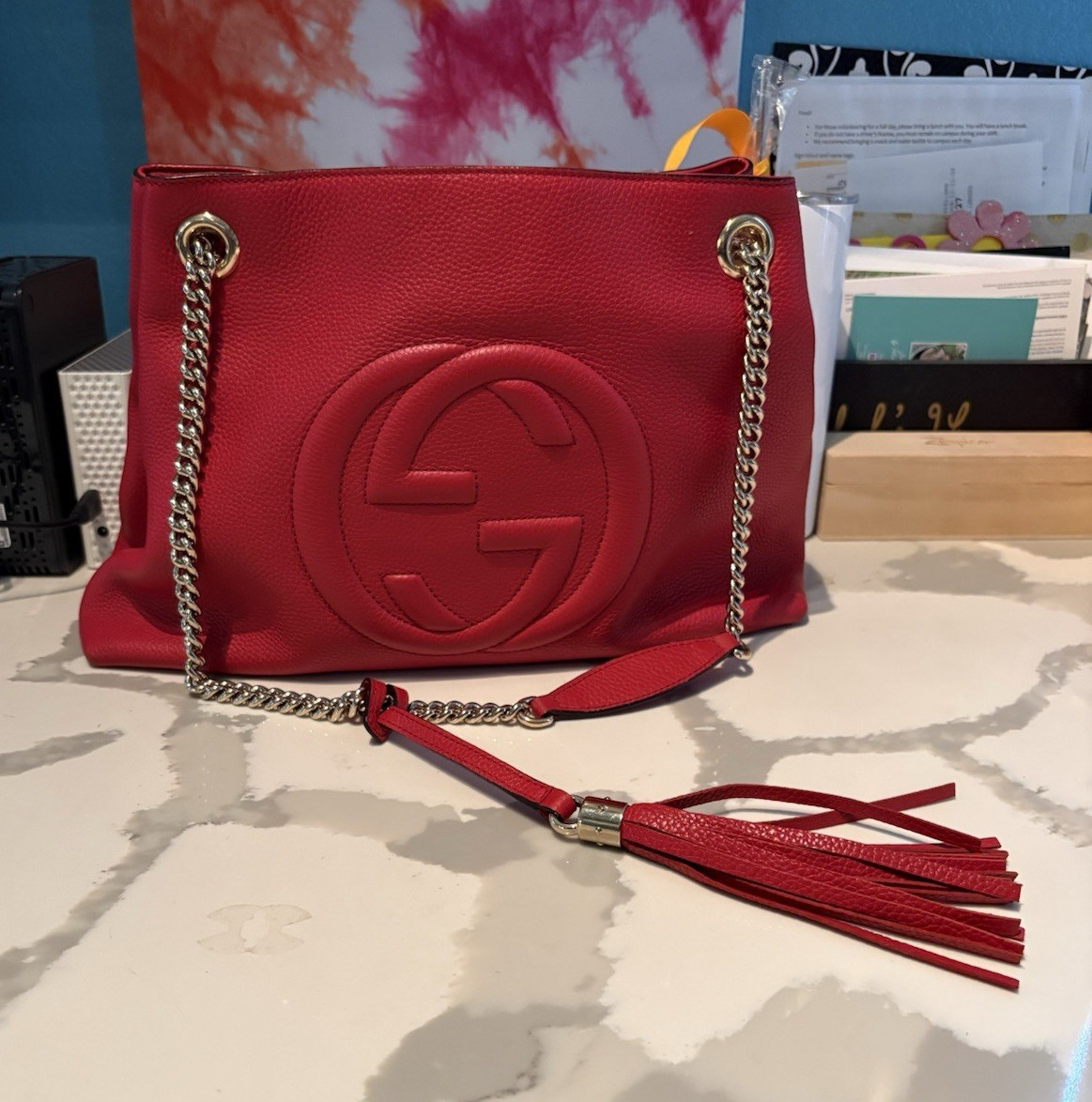 Gucci Soho Red Pebbled Shoulder Bag Chain Strap Tassel Logo Charm Magnetic