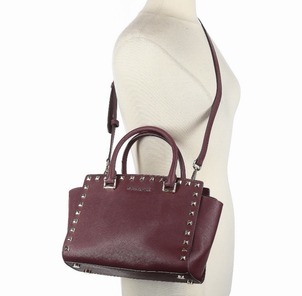 Michael Kors Selma Medium Satchel/Top Handle Bag Cherry Gold Studded Zip, Strap