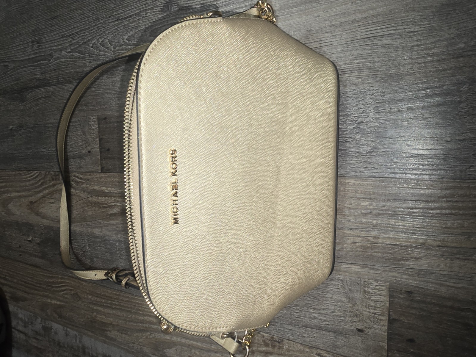 Michael Kors Small Gold Saffiano Zip Crossbody Bag with Chain Strap, Pockets
