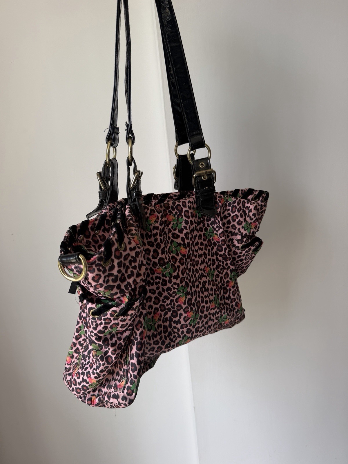 🔥Vintage Betsey Johnson Pink Leopard Floral/Shoulder Bag Large Y2K Travel Purse