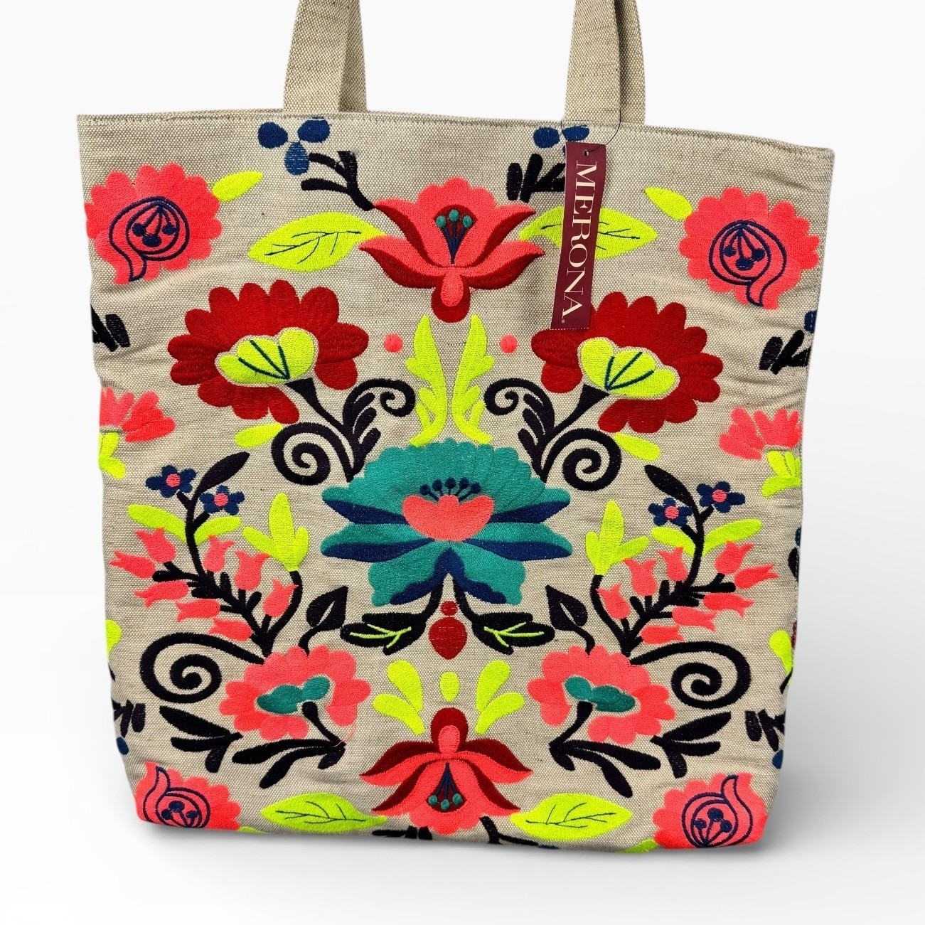 Merona Embroidered Canvas Tote Bag Floral Print Beige Red Blue Yellow NEW NWT