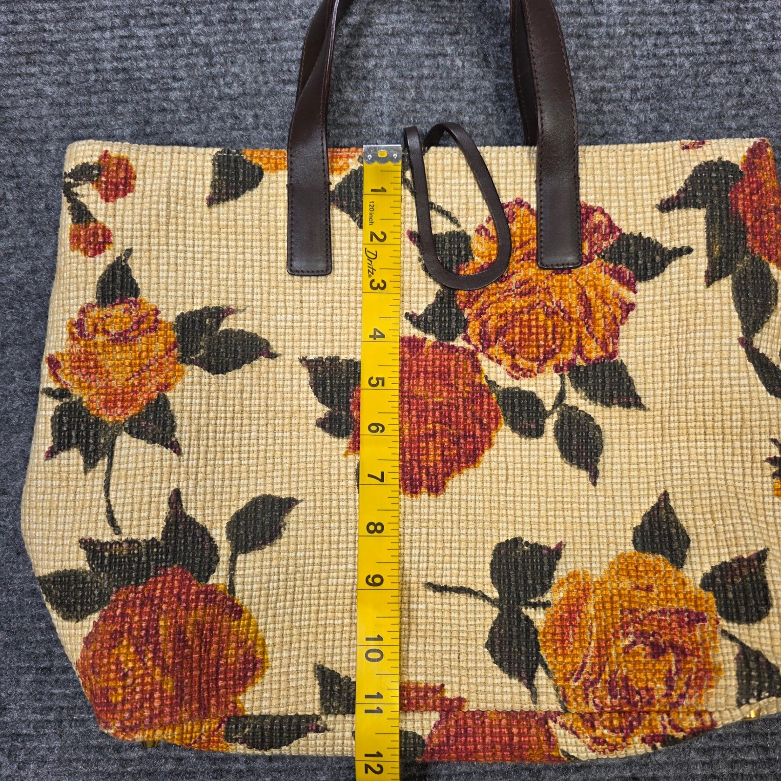 Talbots Floral Tapestry Tote Bag Cream Made in Italy Leather Trim Rose Print