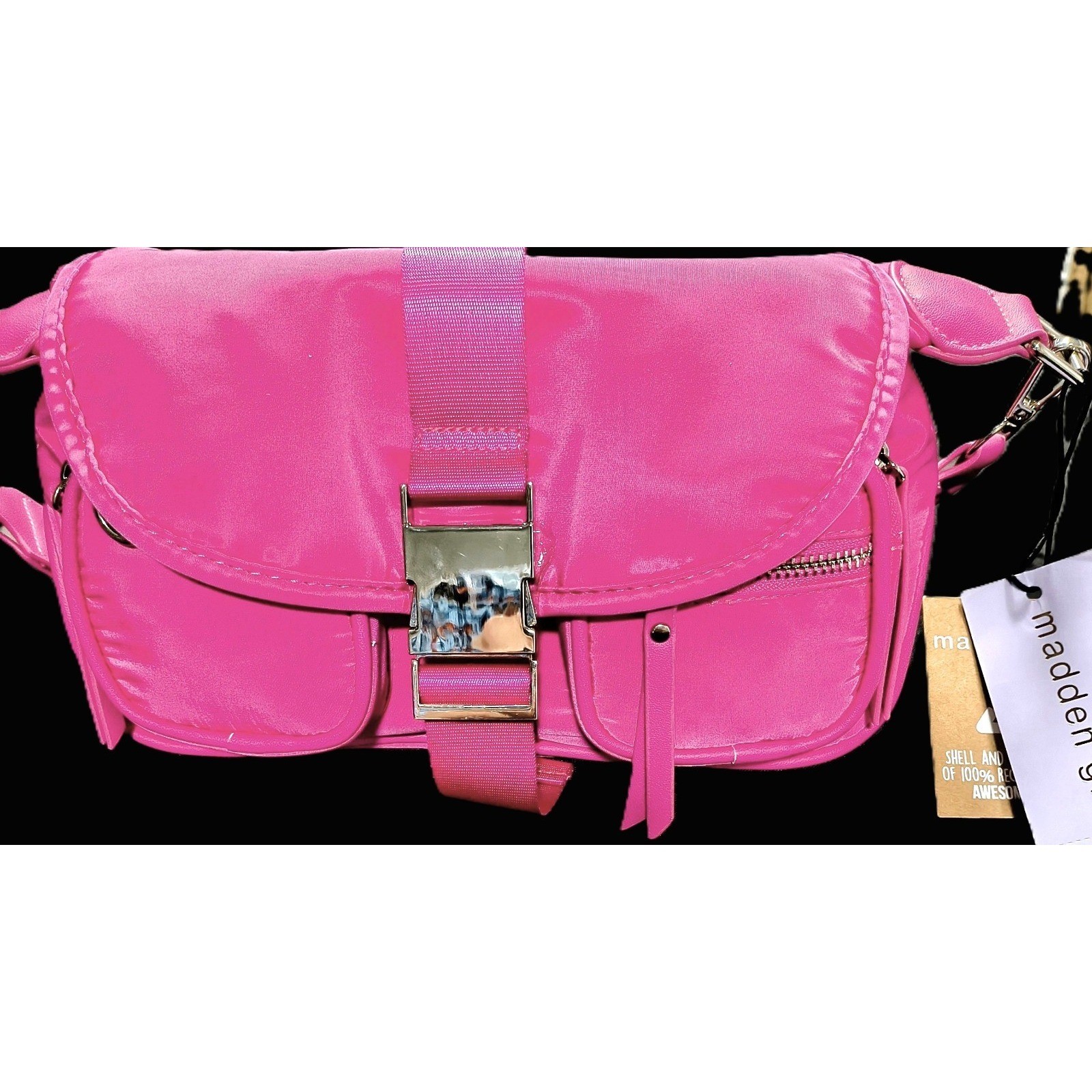 Madden Girl Hot Pink Crossbody Bag, Clip on Rhinestone Pouch 1.75 in wide Strap