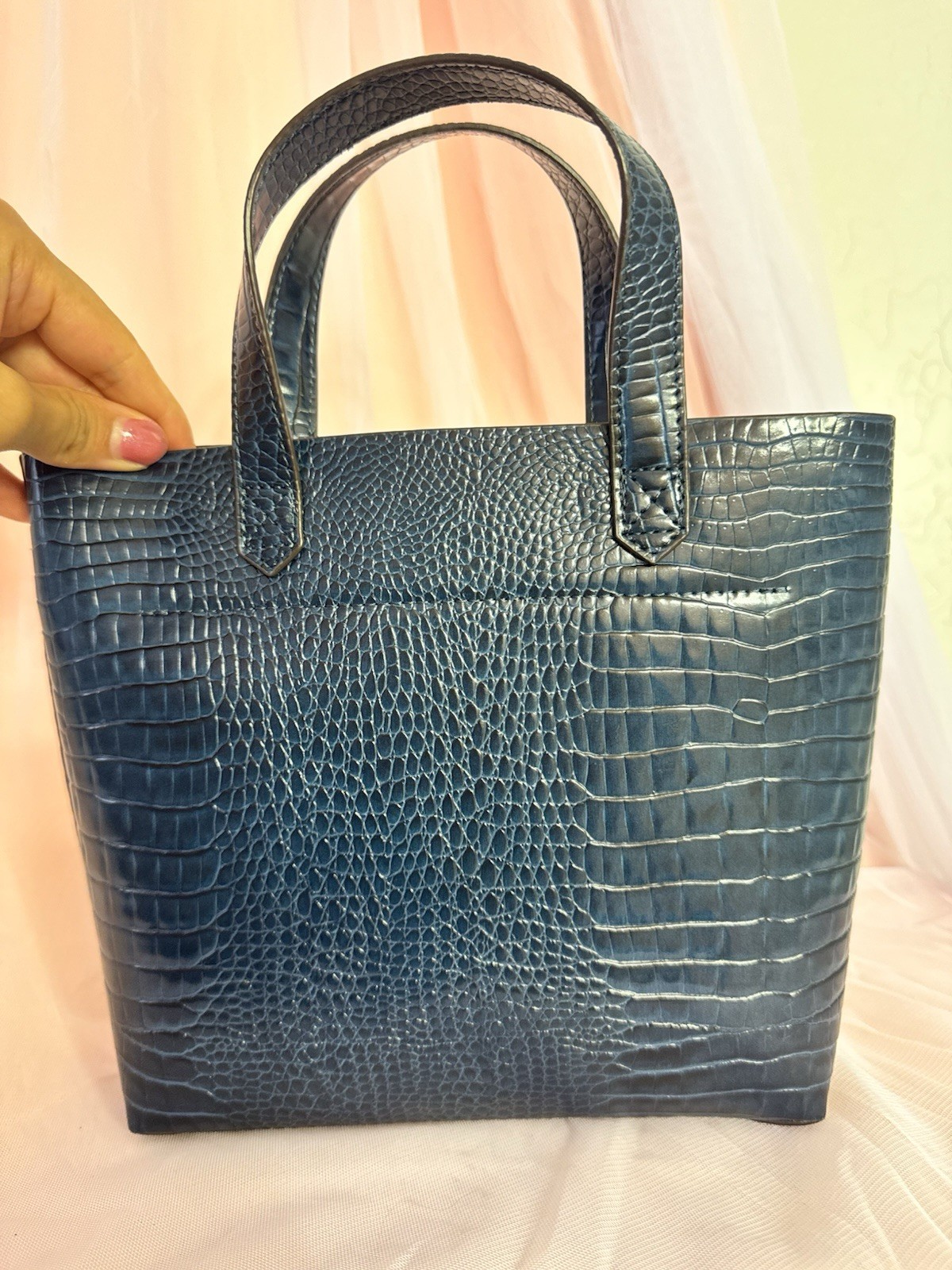👜Kate Landry Deep Navy Croc Embossed Faux Leather Vegan Small Tote bag
