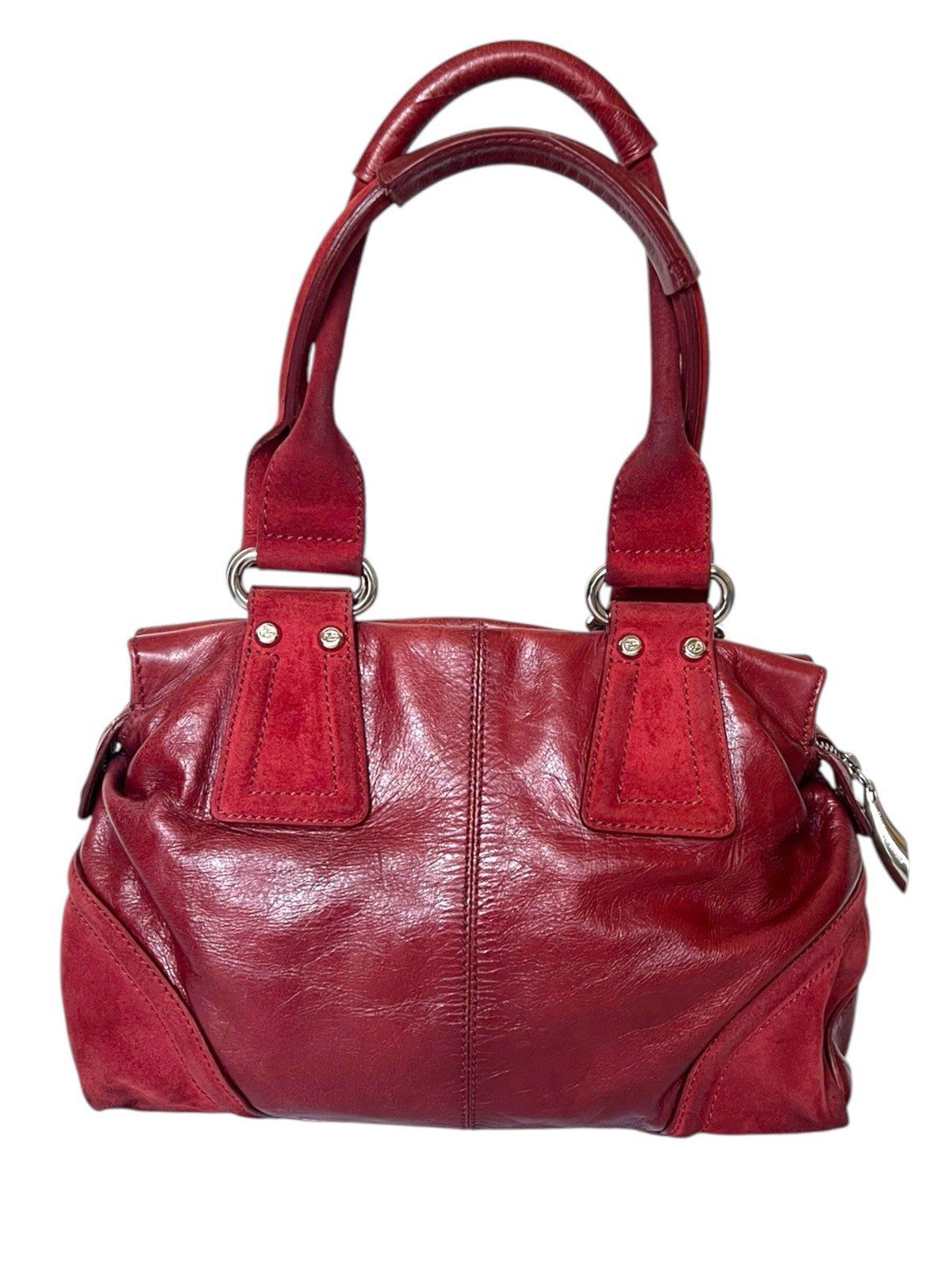 Francesco Biasia Red Leather Satchel Handbag Suede Trim Shoulder Purse Italy