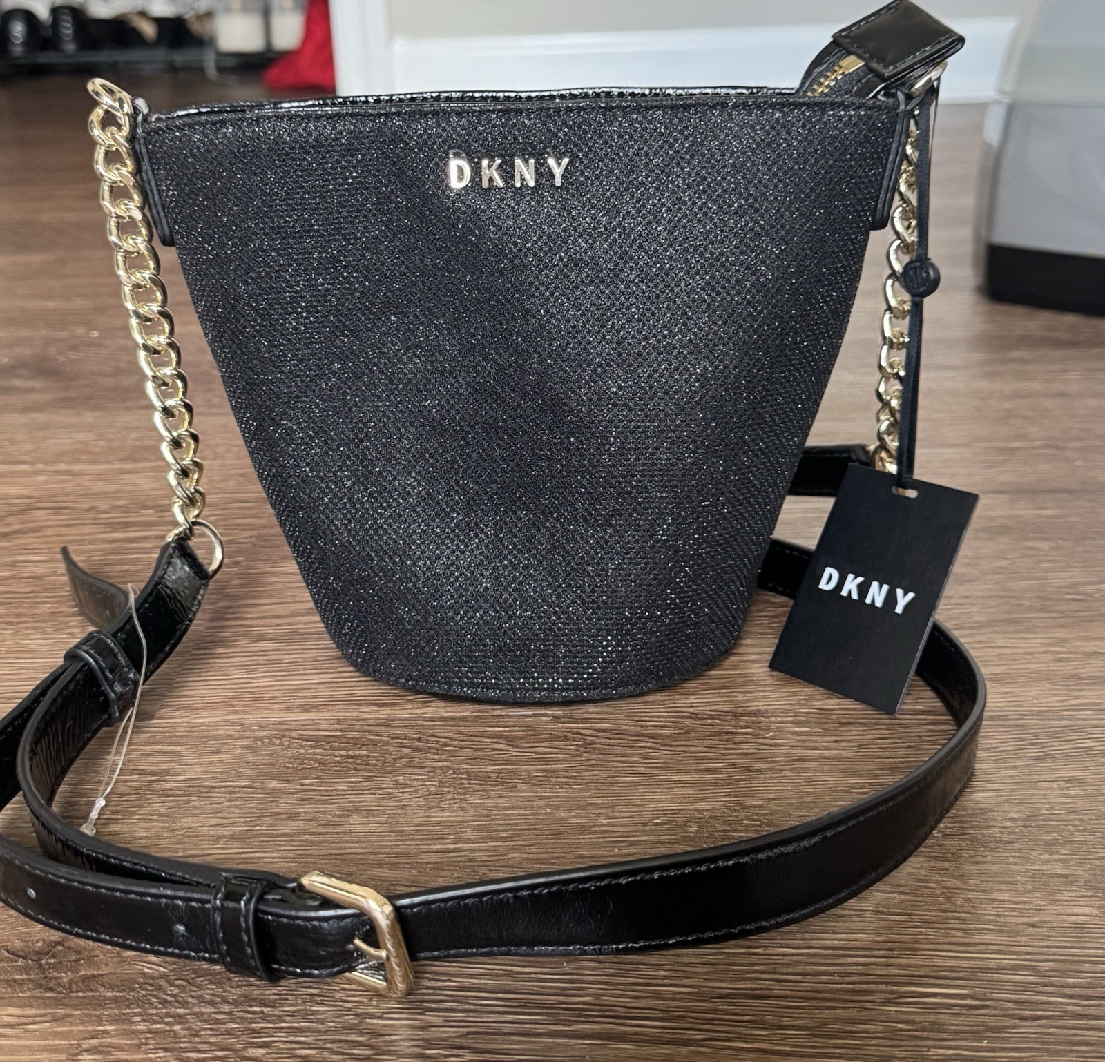 DKNY Black Textured Zip Crossbody Bag, Gold Chain Strap, Detachable, Small