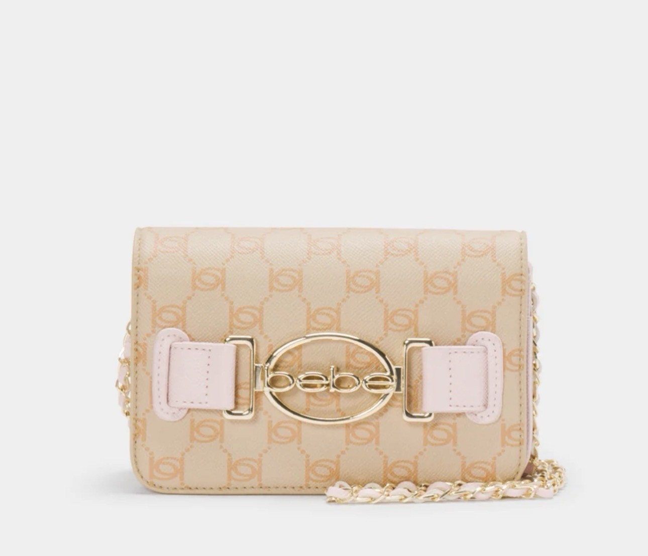 bebe Beige Pink Logo Shoulder Bag Gold Hardware Chain Strap Designer