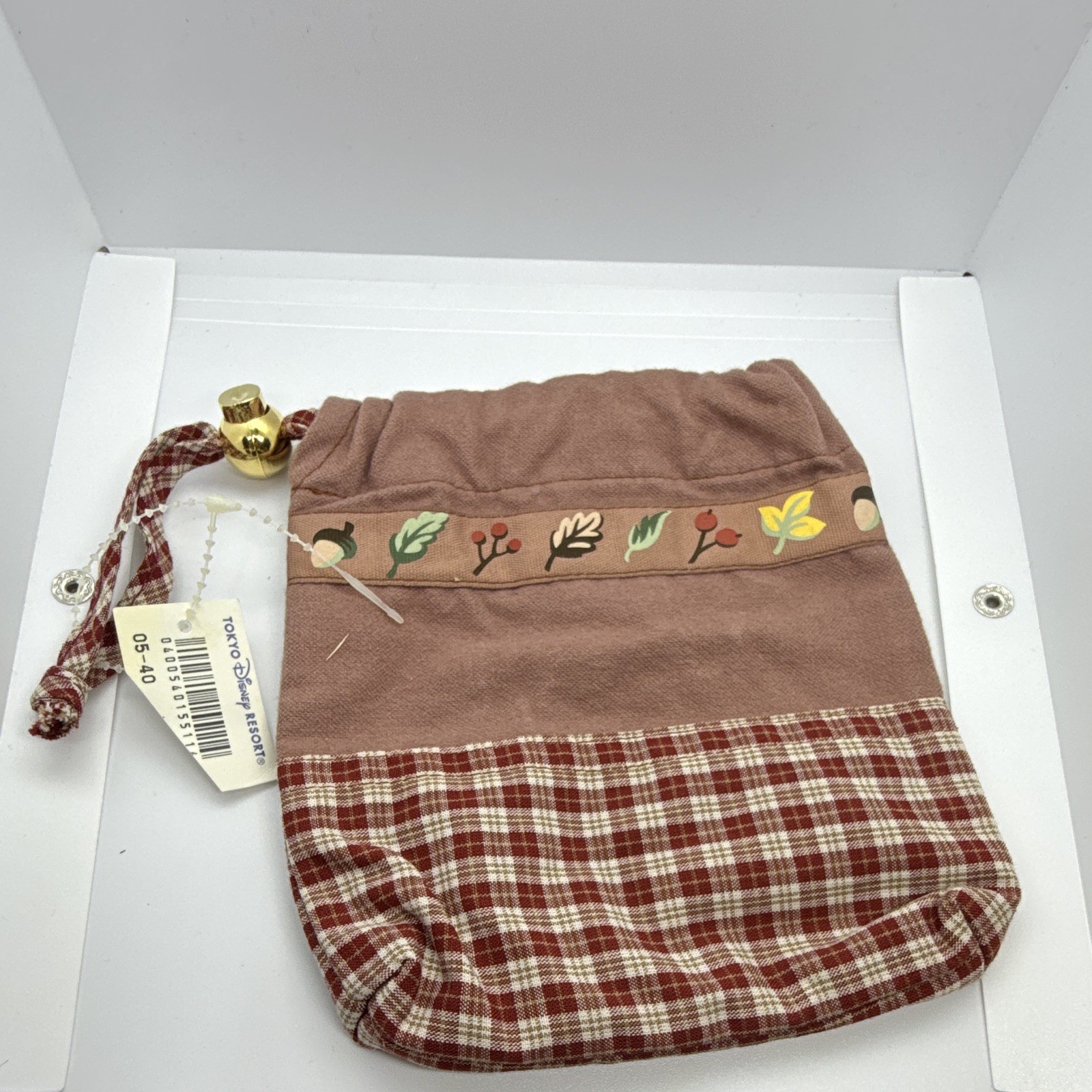 Tokyo Disney Resort Brown Plaid Drawstring Bag with Floral Band & Gold Bell