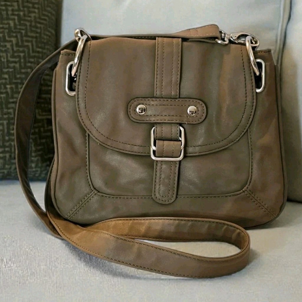 Crossbody/Shoulder Purse Handbag Taupe W/Silver Buckle Accents Mondani NY EC