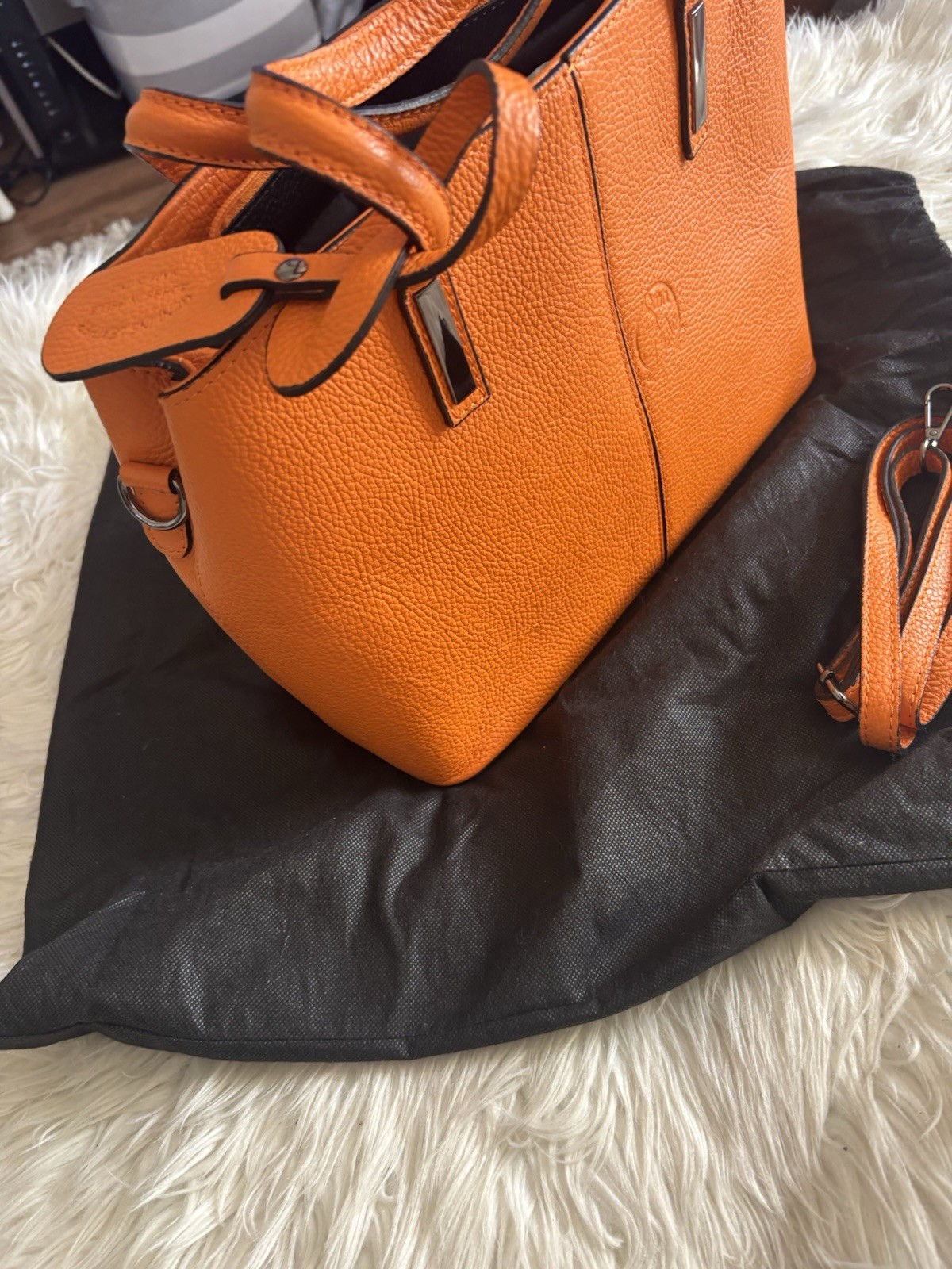 Orange Pebbled Satchel with Detachable Strap and Dust Bag, Silver Hardware