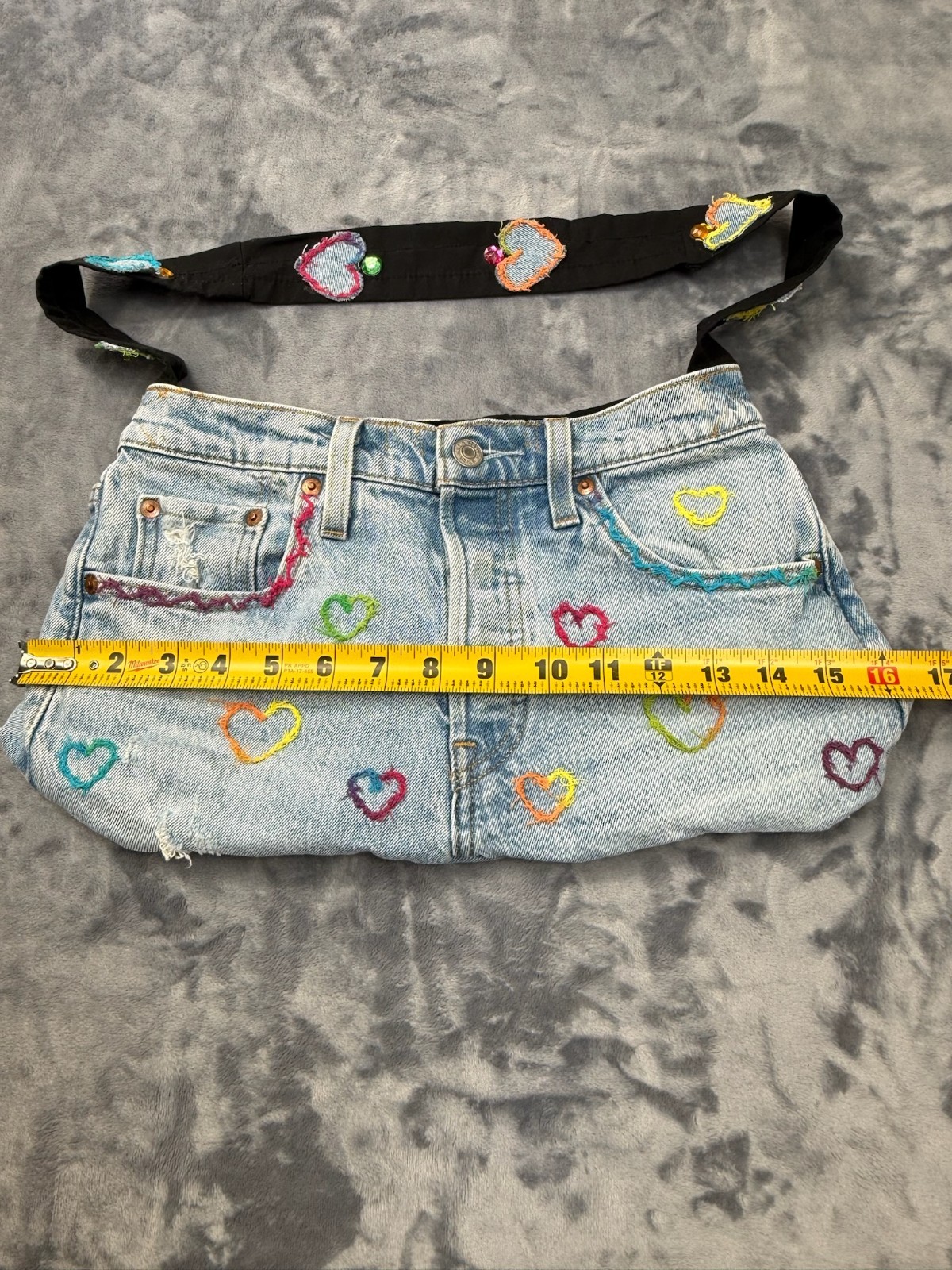 Upcycled Denim Jeans Hipster Lined Hand Stitched M Purse Bag Pockets W16in L9in