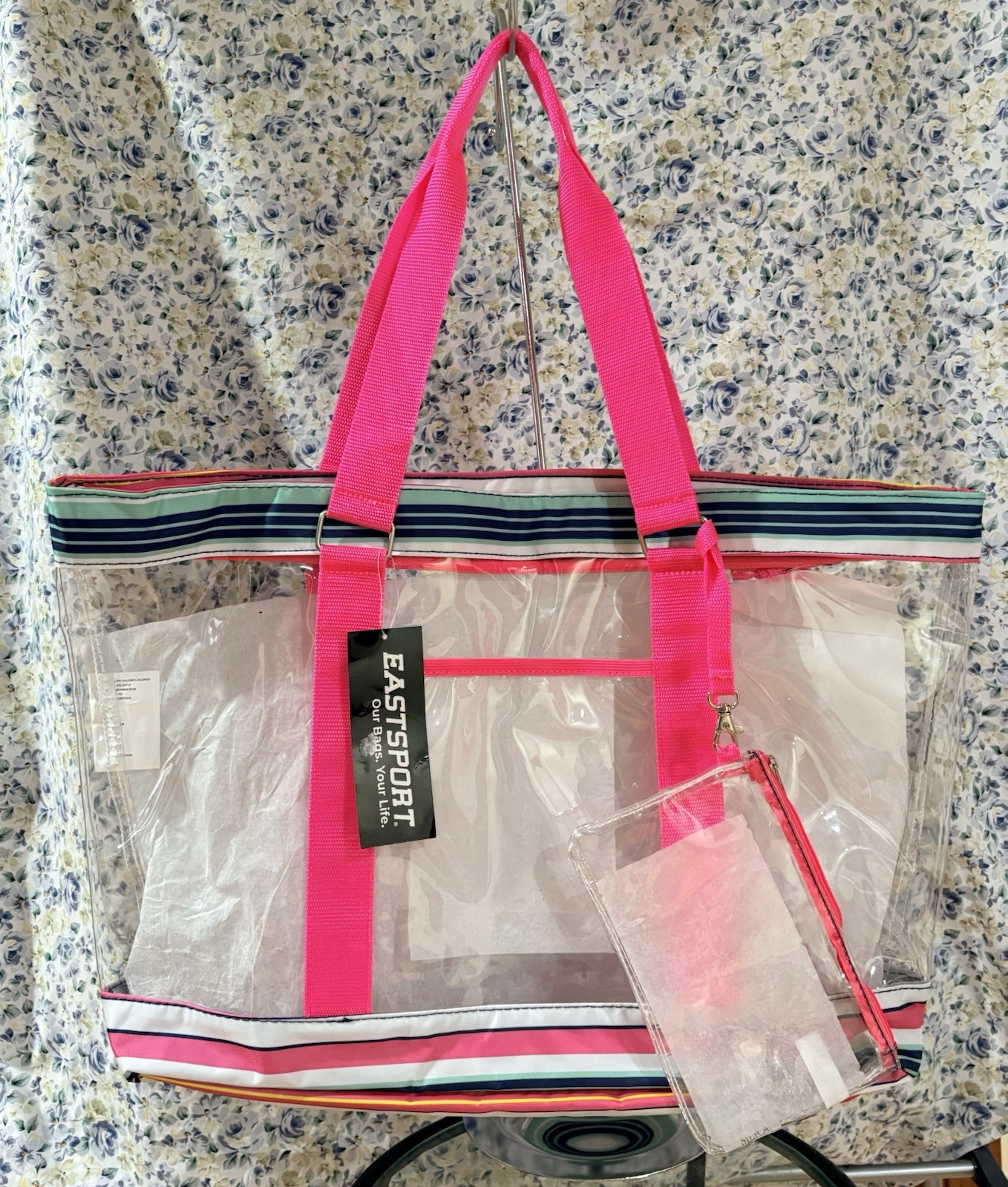EASTSPORT Clear Tote Bag Pink Handles Striped Trim Zip Closure w/ Pouch