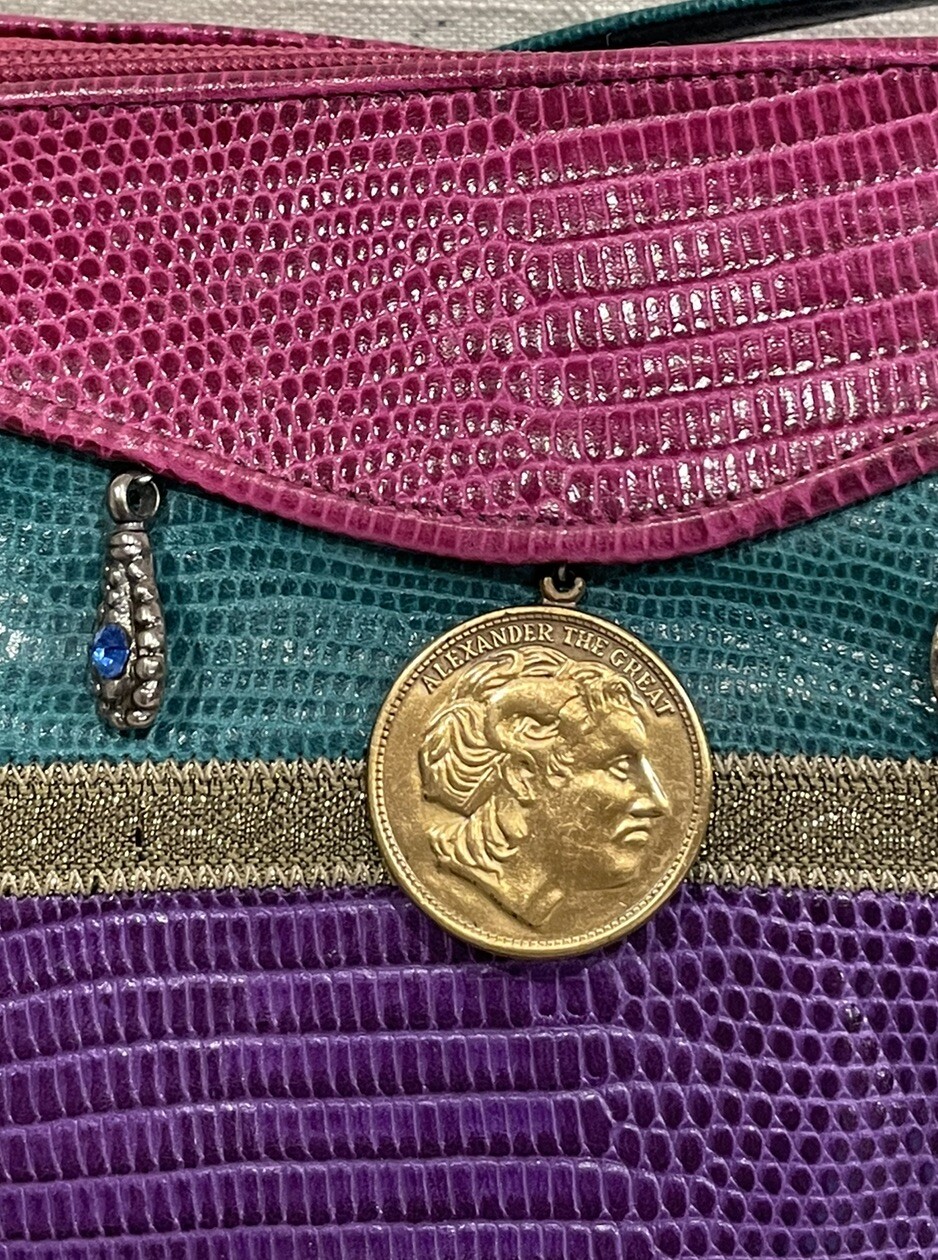 Sharif USA Round Shoulder Bag With Charms Coins & Feather Color Block 90s Y2k