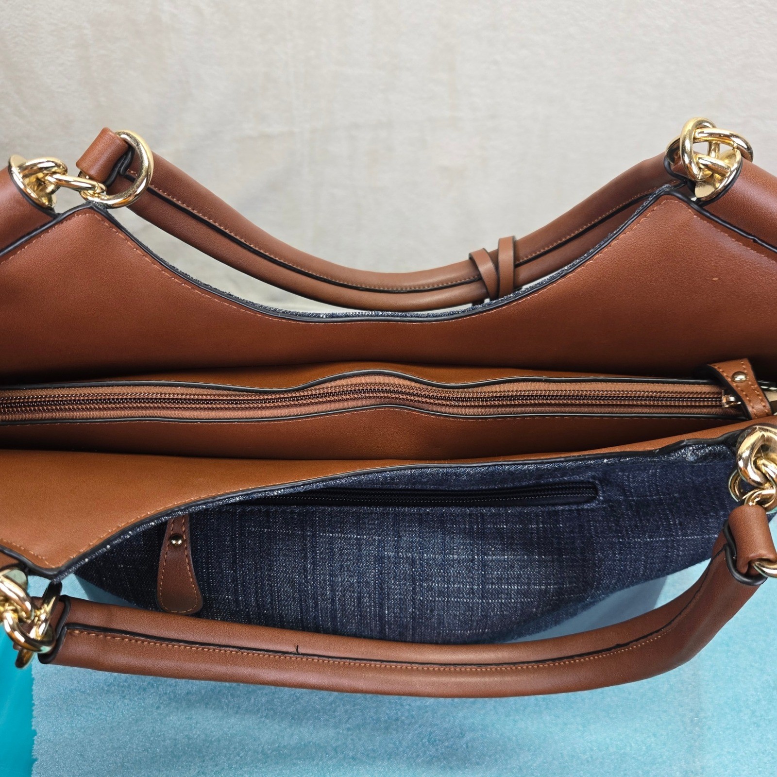 M London Denim Faux Leather Tote Shoulder Bag Navy Blue Brown Gold Accent Office
