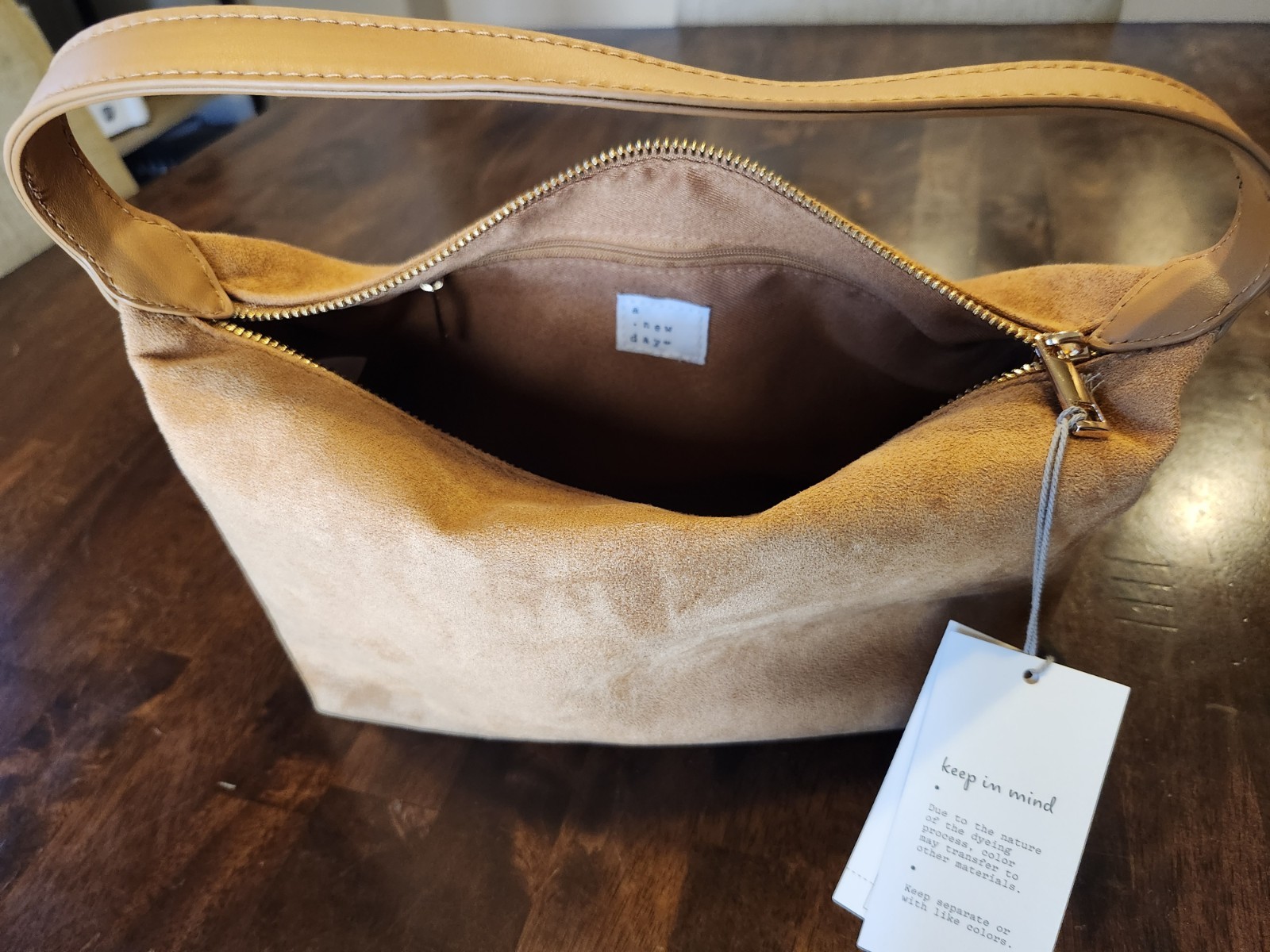 A New Day from Target Camel Suede Bag, Top Handle, Zip Closure, Gold, Charm