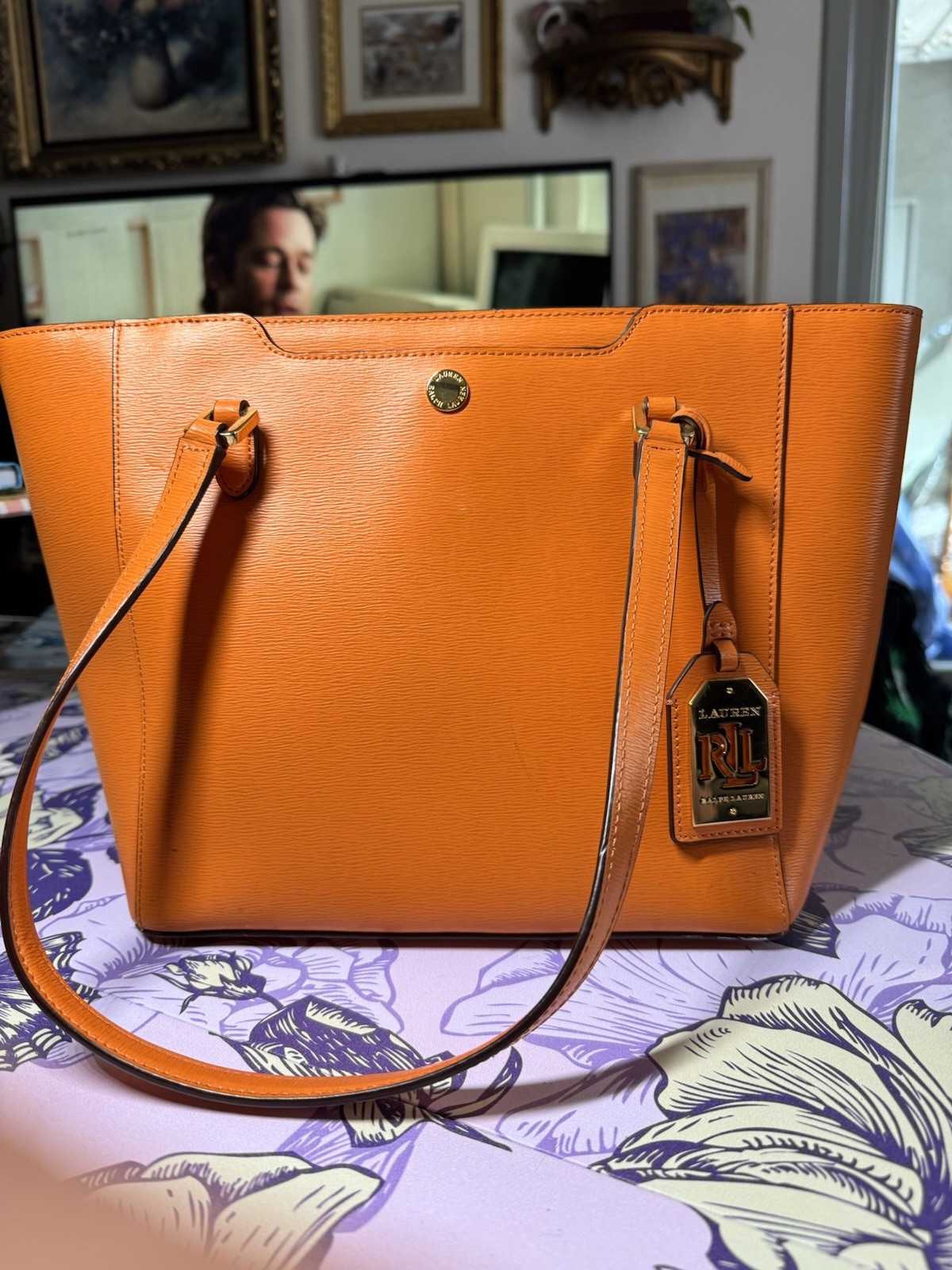 Lauren Ralph Lauren Orange Leather Tote Large Shoulder Bag Zip Top LRL