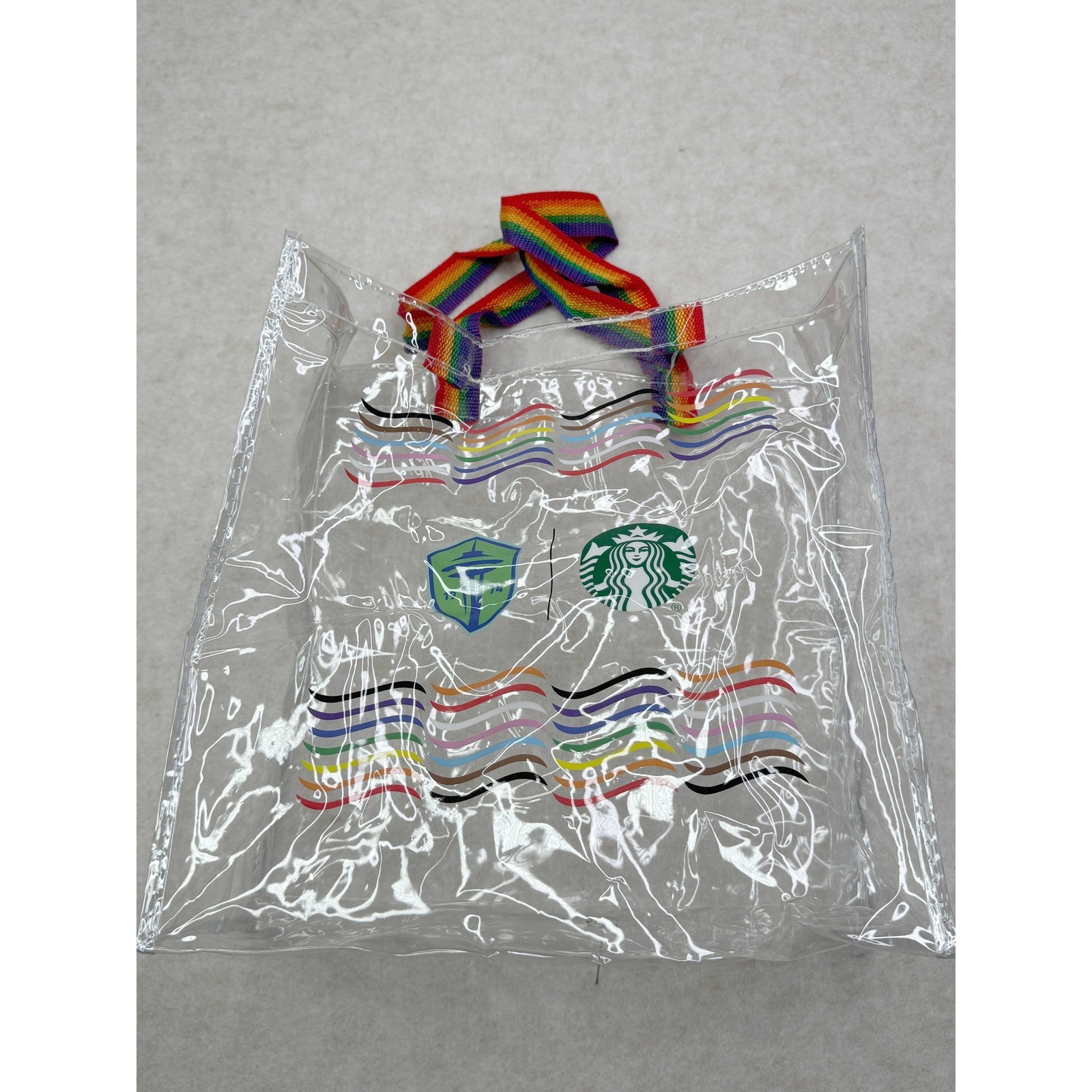 Starbucks Rainbow Clear Tote Bag Handles Limited Edition 12 x 12 x 6